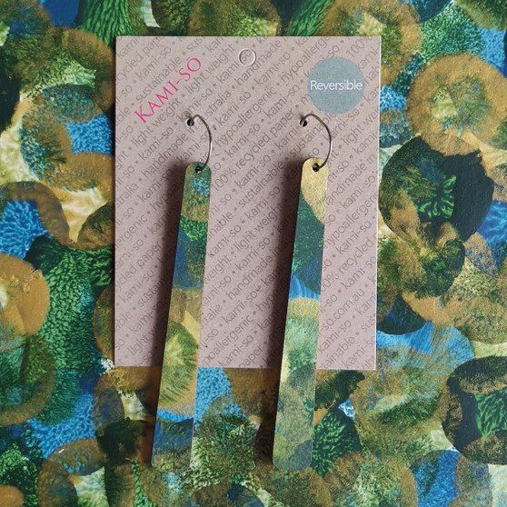 Reversible Paddle Recycled Paper Earrings - Green, Blue & Gold / Tan