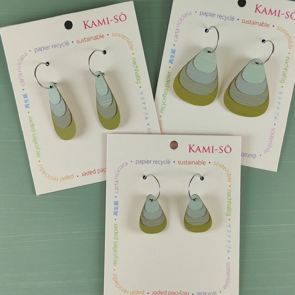 Teardrop Layered Recycled Paper Earrings - Olive & Sage