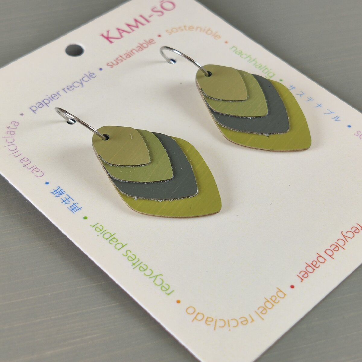 Diamond Layered Recycled Paper Earrings - Olive & Grey