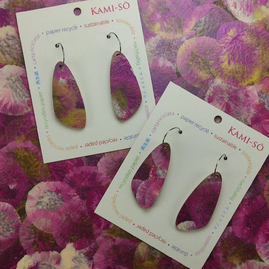 Oval Recycled Paper Earrings - Magneta, Gold & White