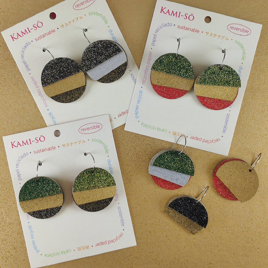 Reverse-A-Tile Fan Circle Recycled Paper Earrings - Red, Green, Silver, Gold & Black Sparkle