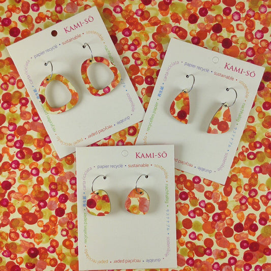 Mini Recycled Paper Earrings - Yellow, Orange, Red & Gold Dots