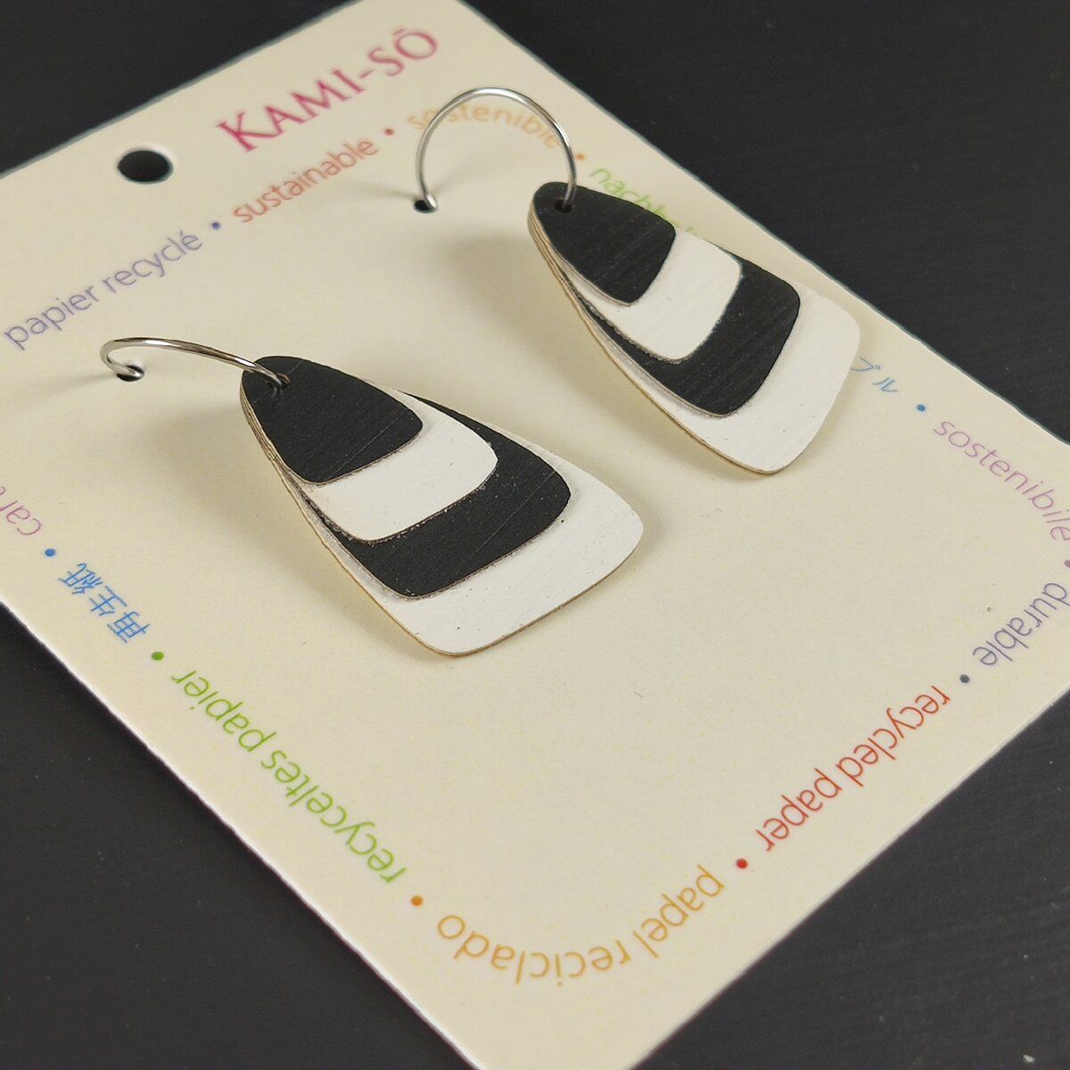 Triangle Layered Recycled Paper Earrings - Black & White