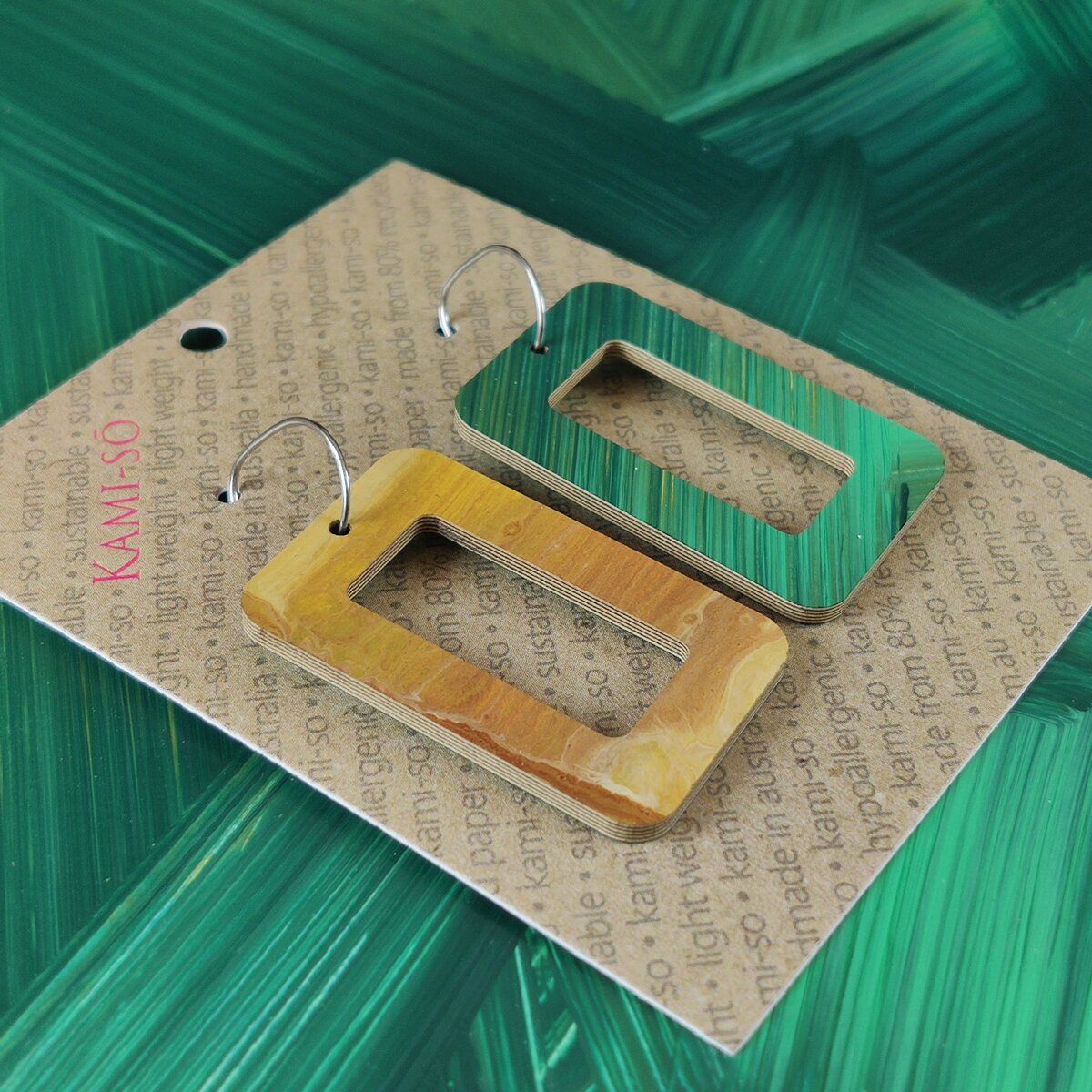 Reversible Rectangle Recycled Paper Earrings - Green Swipe / Gold