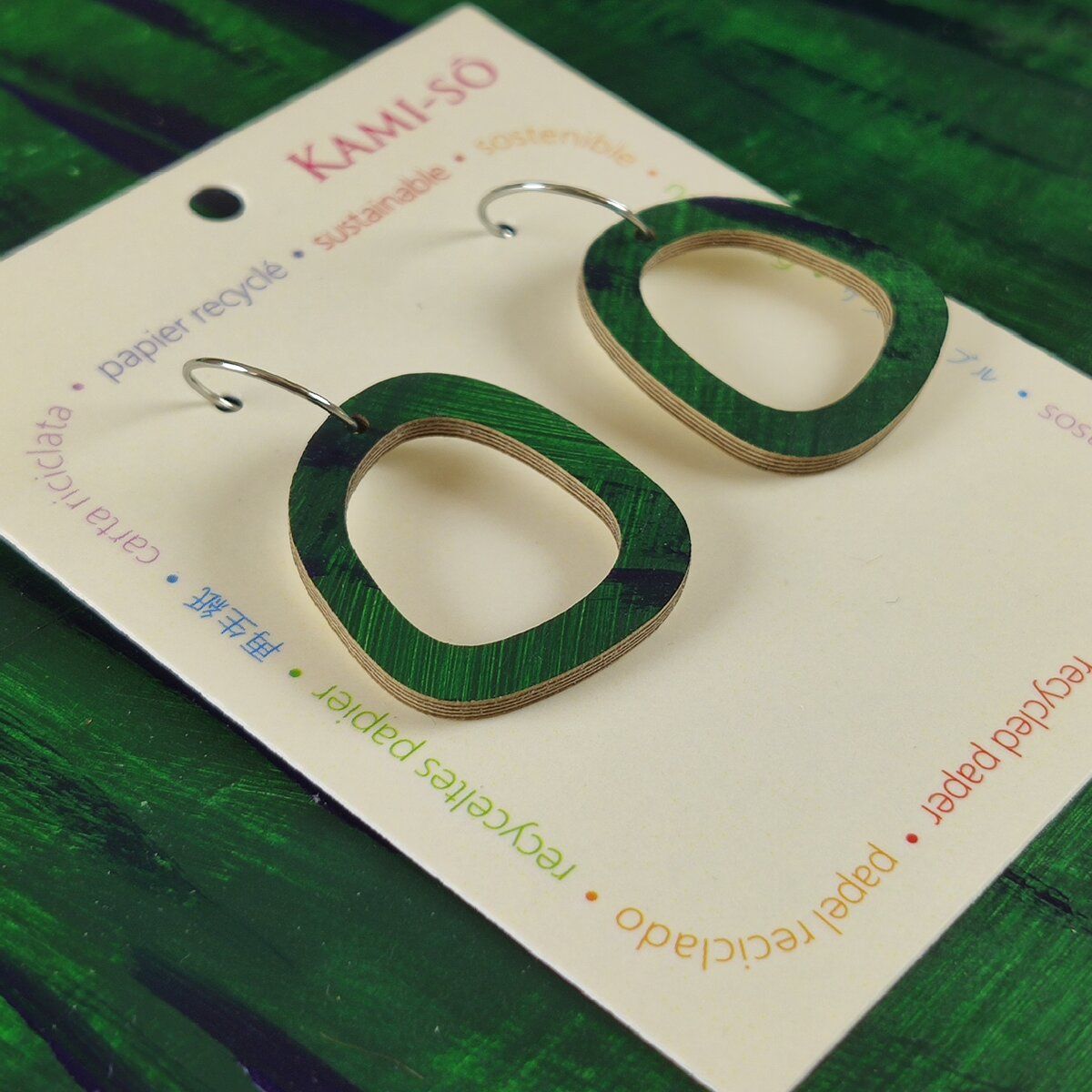 Mini Recycled Paper Earrings - Dark Green and Blue Brushstrokes