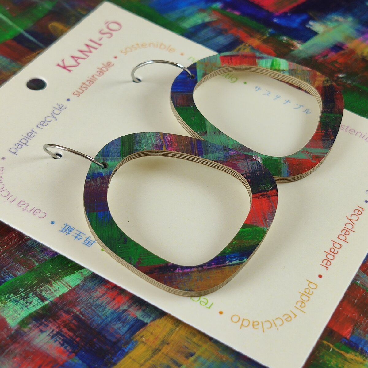 Square Recycled Paper Earrings - Dark Multicolour Brushstrokes