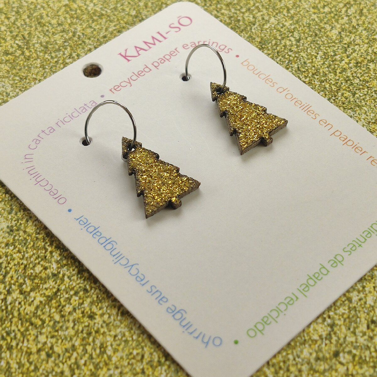 Reversible Christmas Tree Recycled Paper Earrings - Silver Sparkle / Gold Sparkle