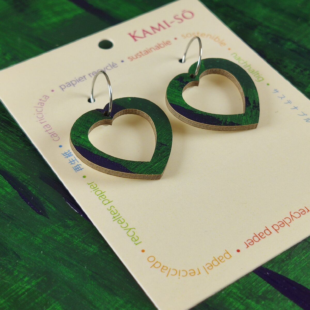 Mini Recycled Paper Earrings - Dark Green and Blue Brushstrokes