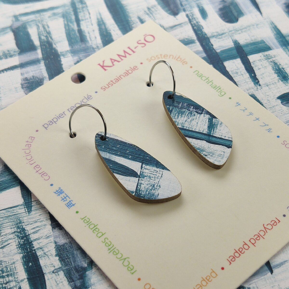 Oval Recycled Paper Earrings - Blue & White