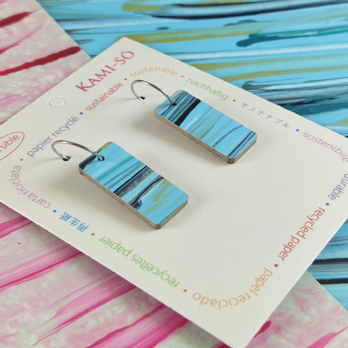 Reversible Rectangle Recycled Paper Earrings - Blue Swipe / Red Swipe