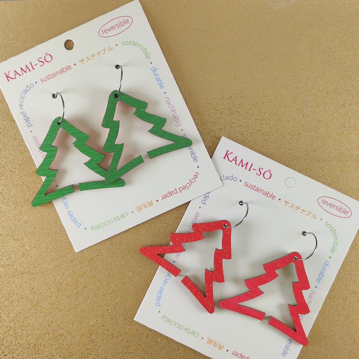 Reversible Christmas Tree Recycled Paper Earrings - Green Sparkle / Red Sparkle