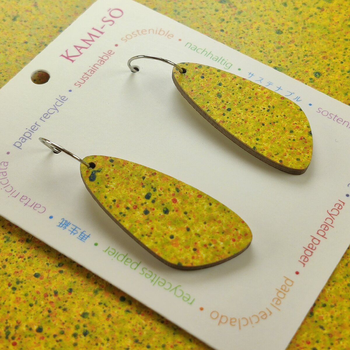 Oval Recycled Paper Earrings - Yellow Speckle