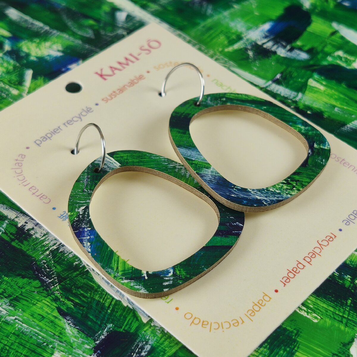 Square Recycled Paper Earrings - Green, Blue & White Brushstrokes