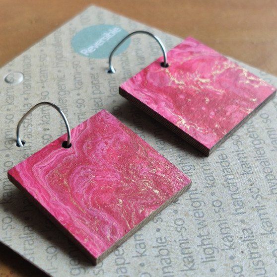 Reversible Square Recycled Paper Earrings - Red & Gold / Brown