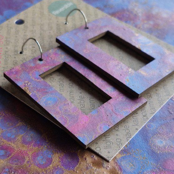 Reversible Rectangle Recycled Paper Earrings - Purple / Gold & Green