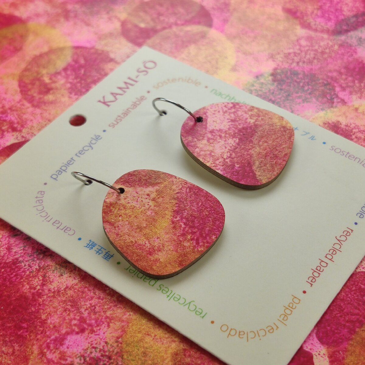 Square Recycled Paper Earrings - Magenta, Pink & Gold