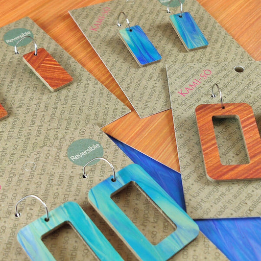 Reversible Rectangle Recycled Paper Earrings - Ocean Blue / Burnt Orange