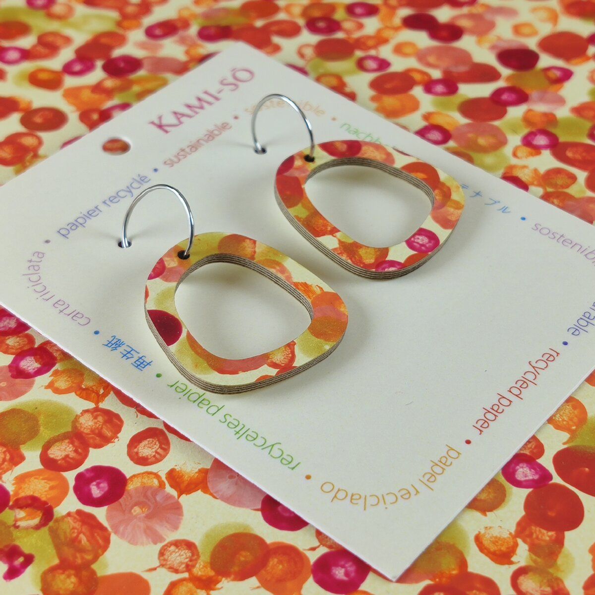 Mini Recycled Paper Earrings - Yellow, Orange, Red & Gold Dots