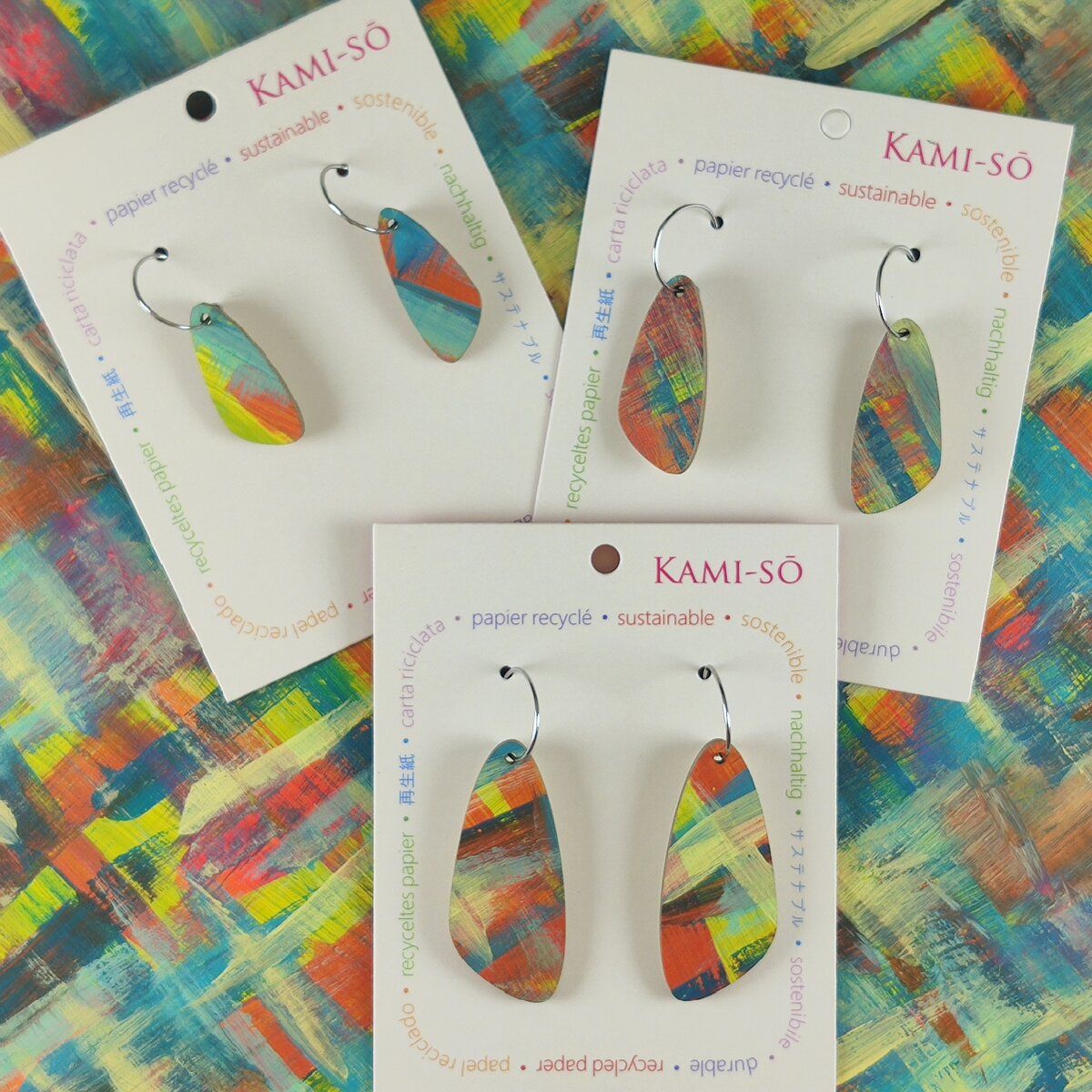 Oval Recycled Paper Earrings - Blue, Cream, Orange & Yellow Brushstrokes