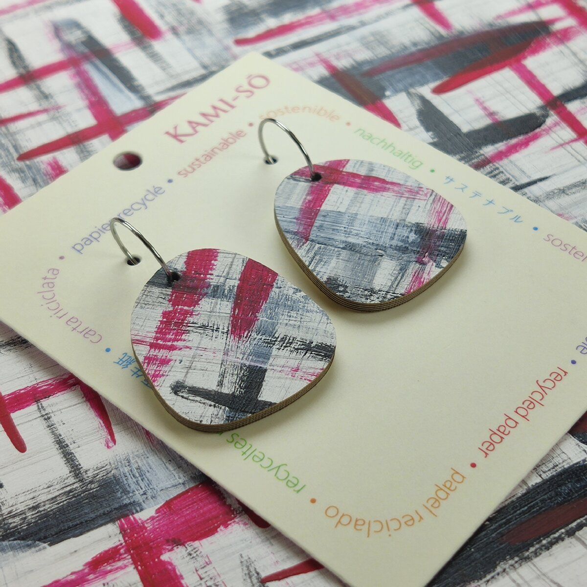 Square Recycled Paper Earrings - Black, Red & White