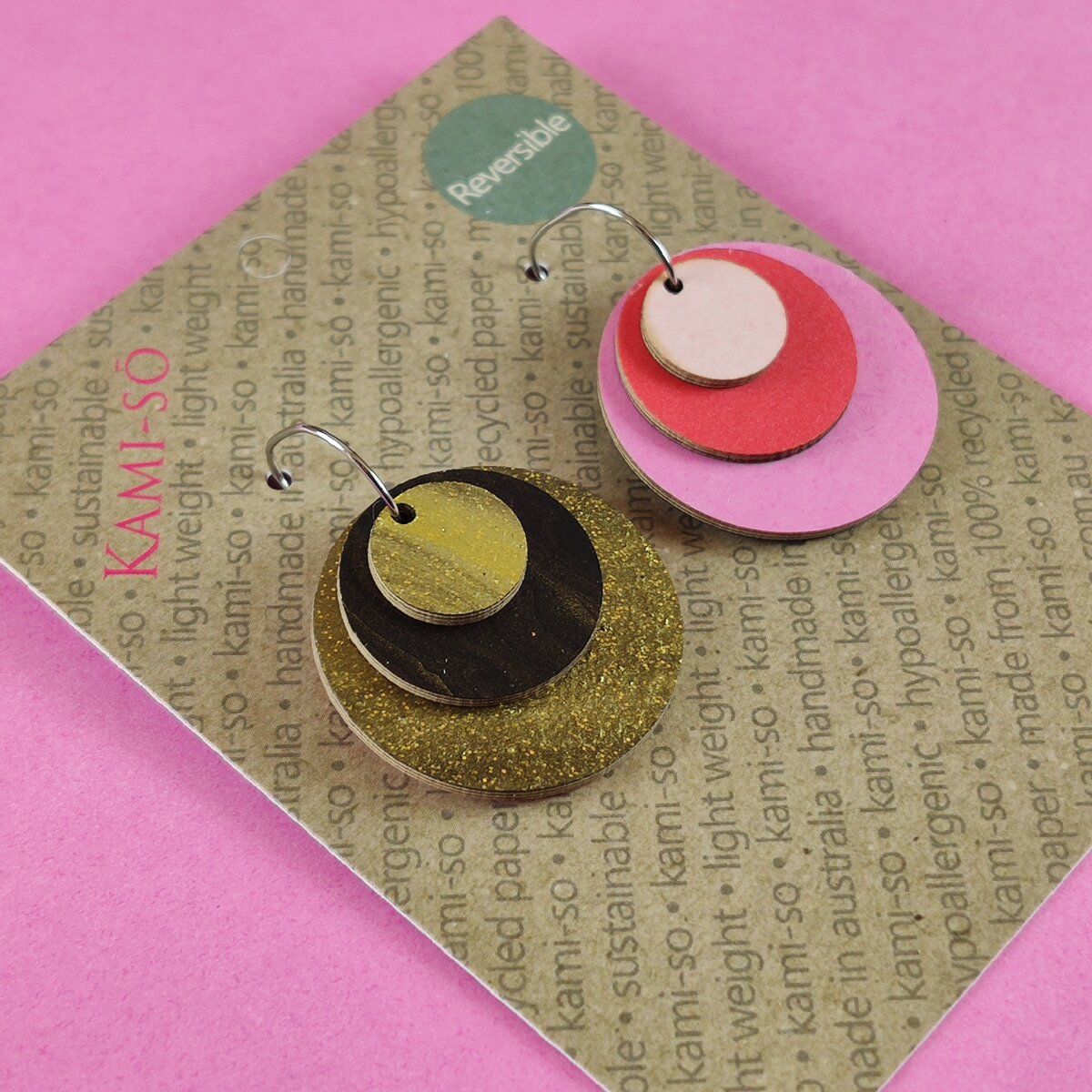 Reverse-A-Tile Expanding Circle Recycled Paper Earrings - Gold & Black / Blush, Red & Pink