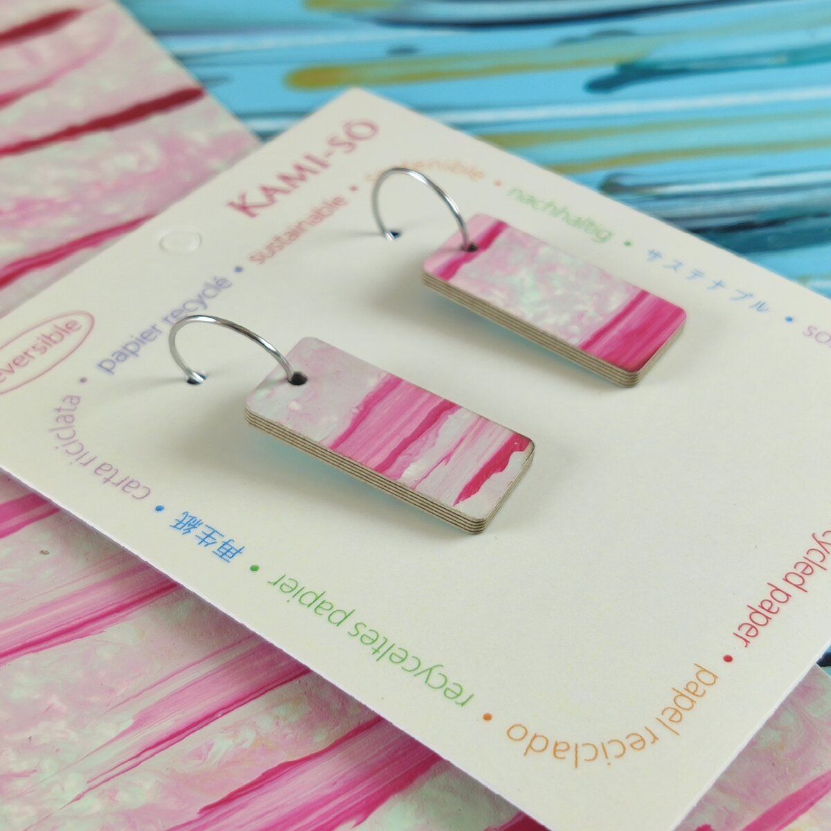 Reversible Rectangle Recycled Paper Earrings - Blue Swipe / Red Swipe