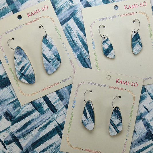 Oval Recycled Paper Earrings - Blue & White