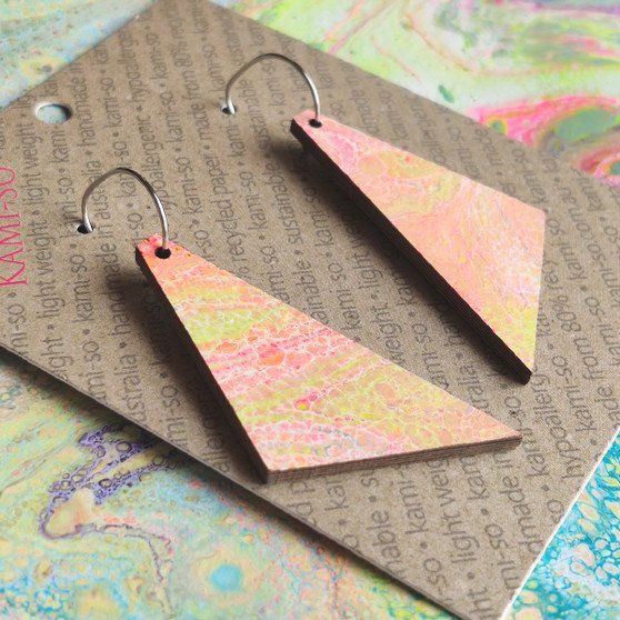 Reversible Triangle Recycled Paper Earrings - Green / Coral