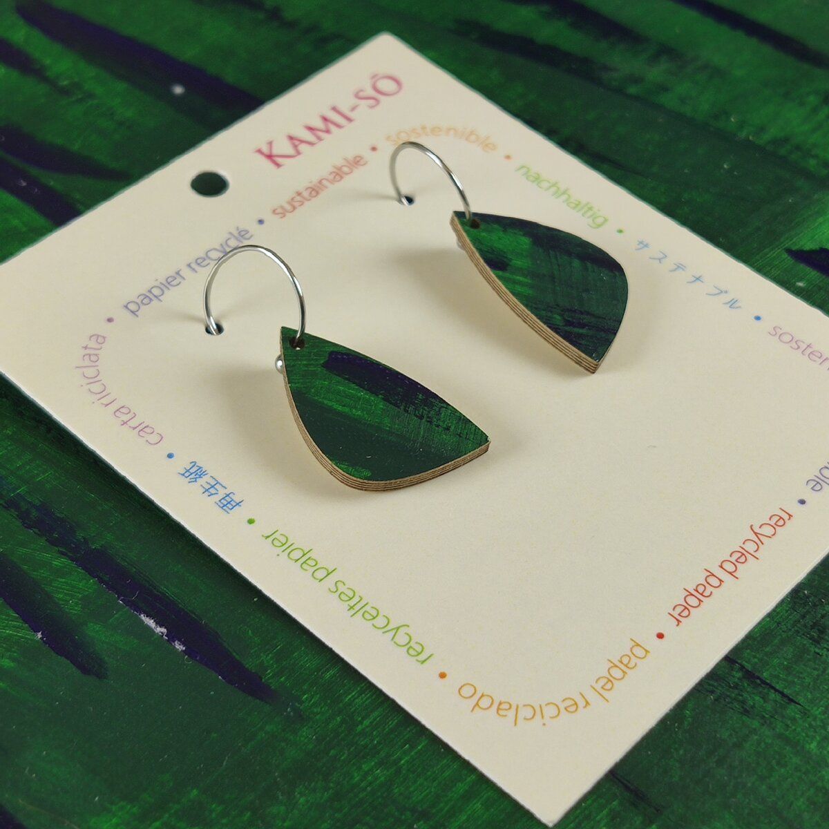 Mini Recycled Paper Earrings - Dark Green and Blue Brushstrokes