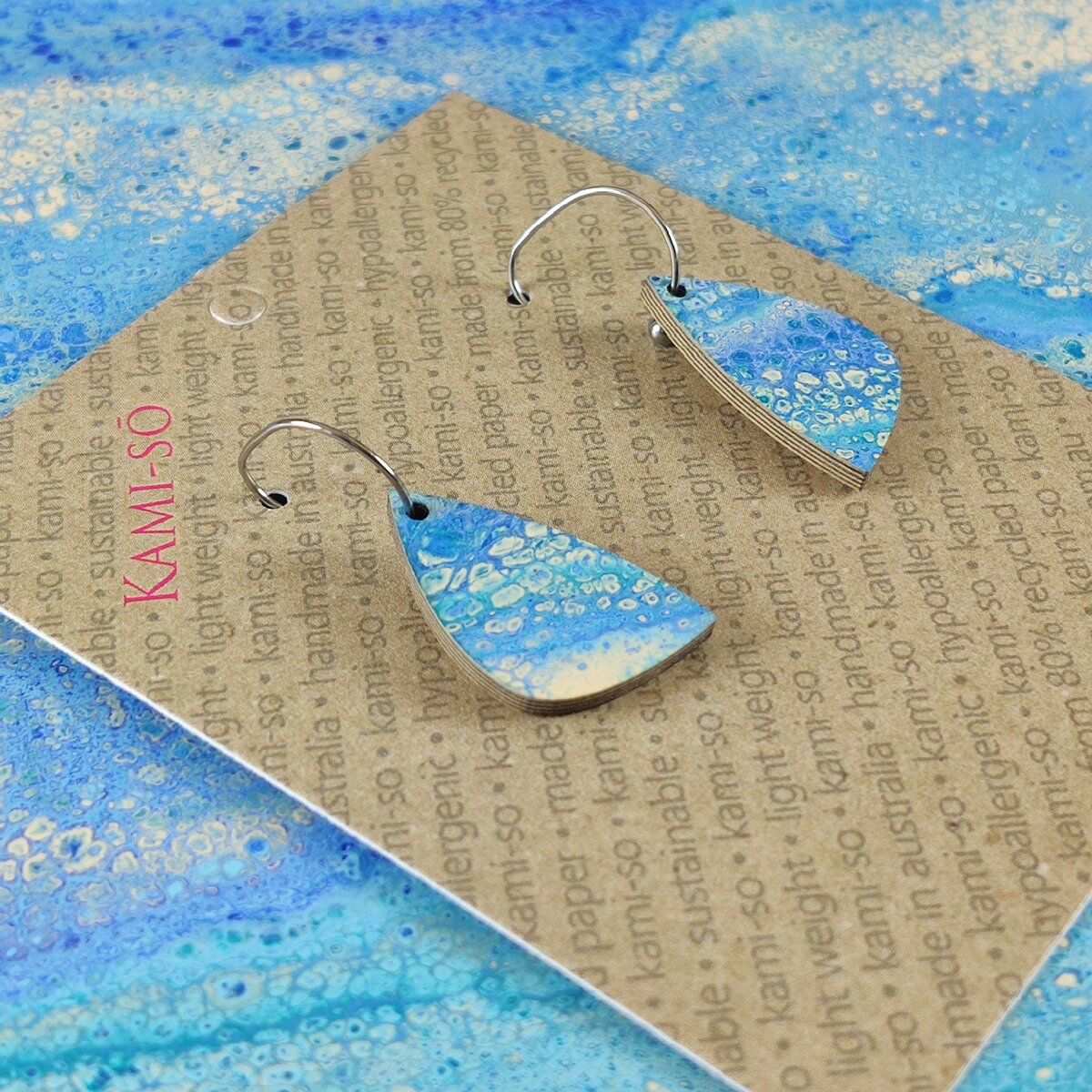 Mini Recycled Paper Earrings - Ocean Blues Crackle