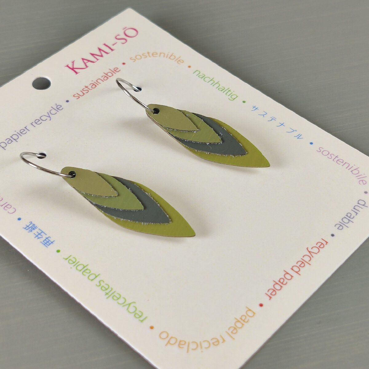 Diamond Layered Recycled Paper Earrings - Olive & Grey