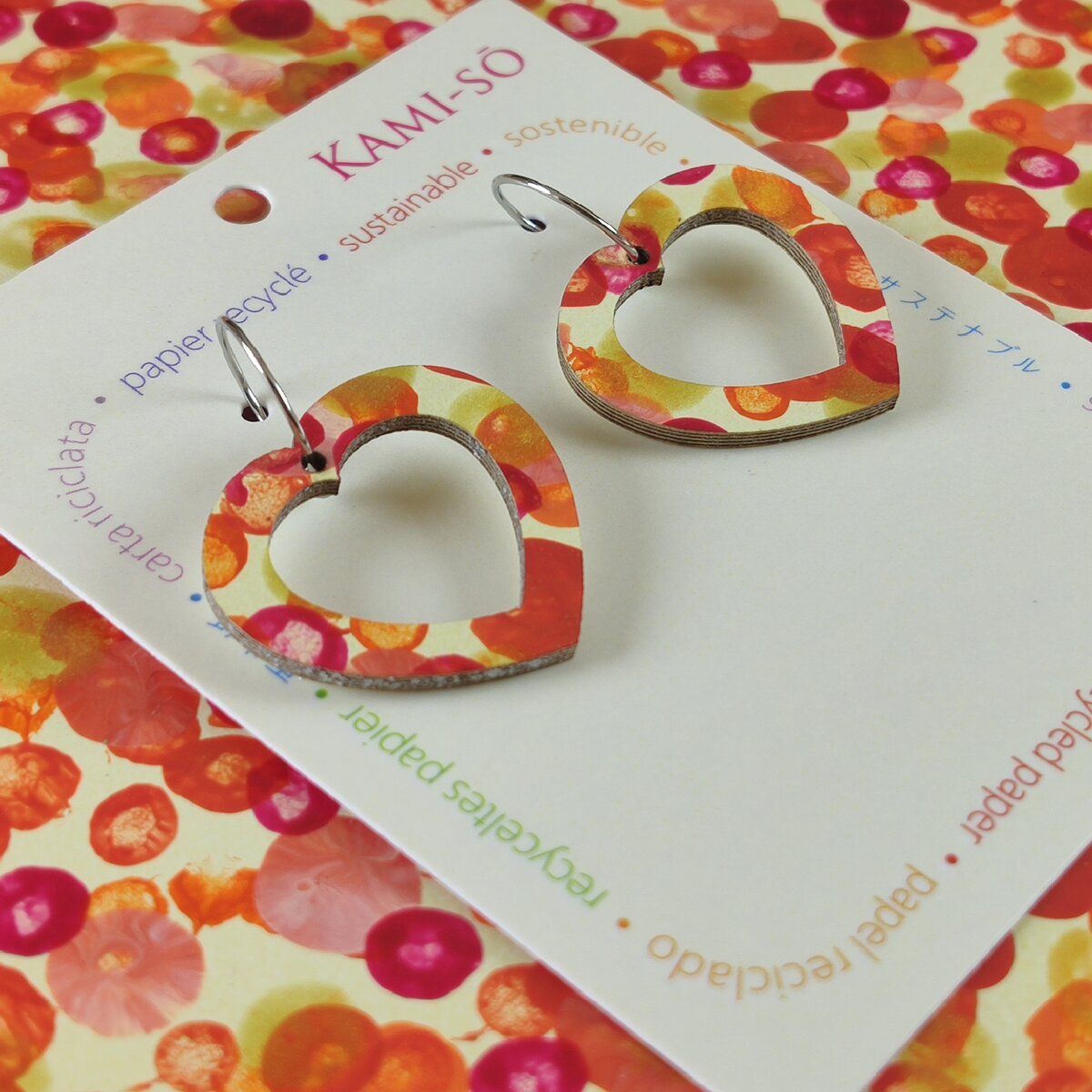 Mini Recycled Paper Earrings - Yellow, Orange, Red & Gold Dots