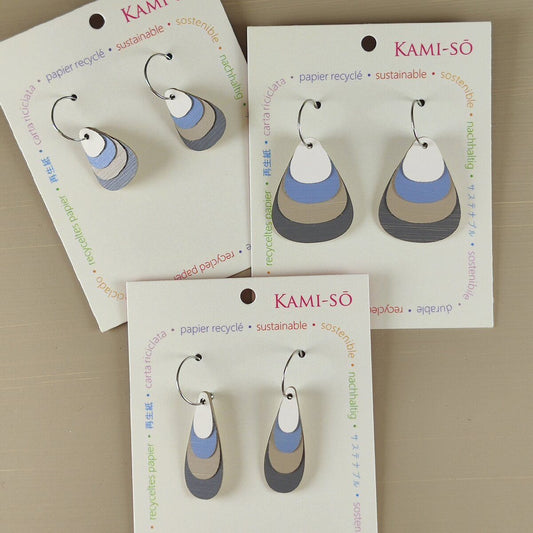 Teardrop Layered Recycled Paper Earrings - Cream, Blue & Grey