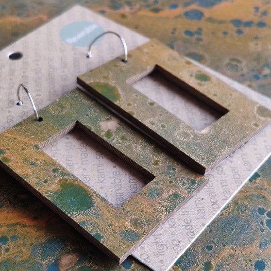 Reversible Rectangle Recycled Paper Earrings - Purple / Gold & Green