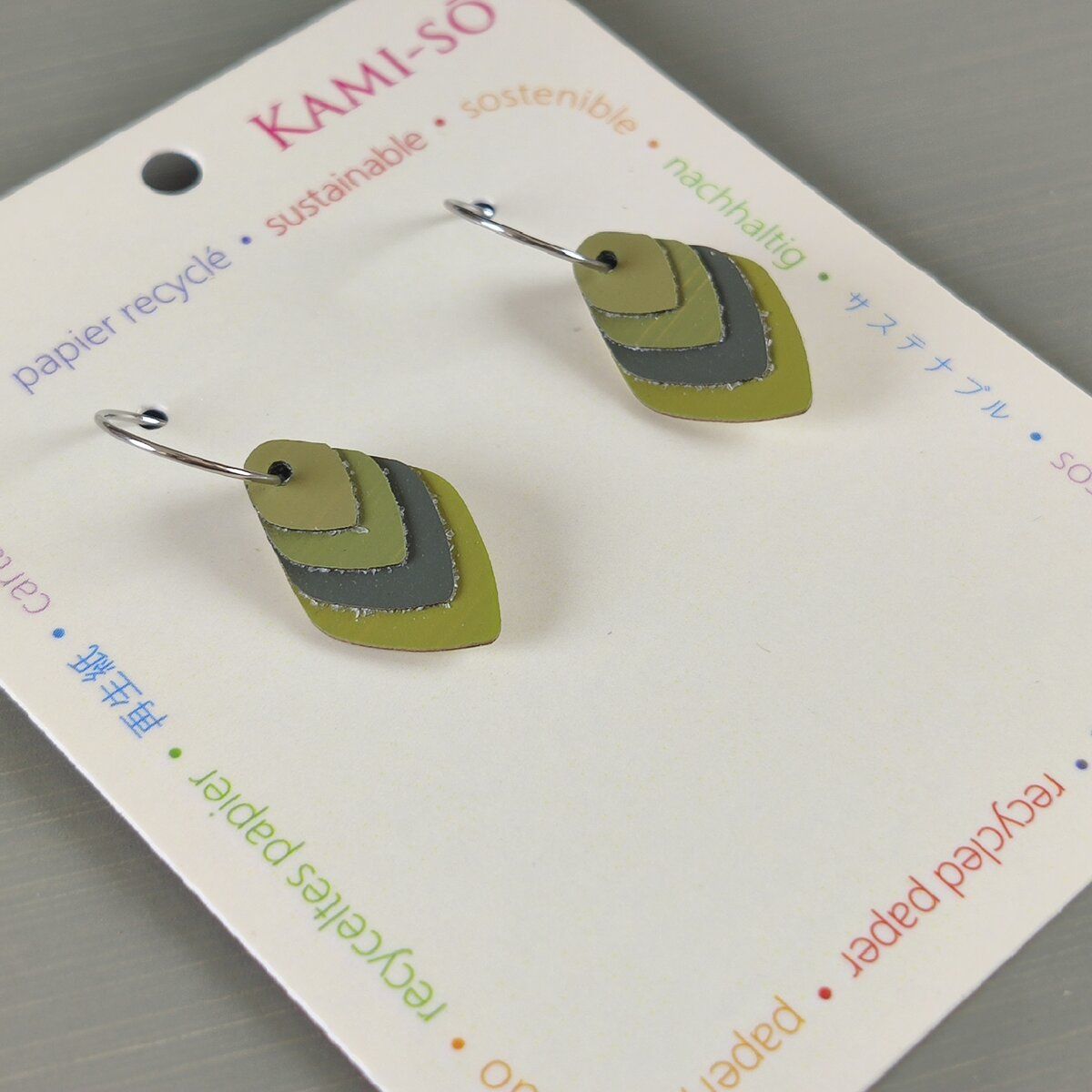 Diamond Layered Recycled Paper Earrings - Olive & Grey