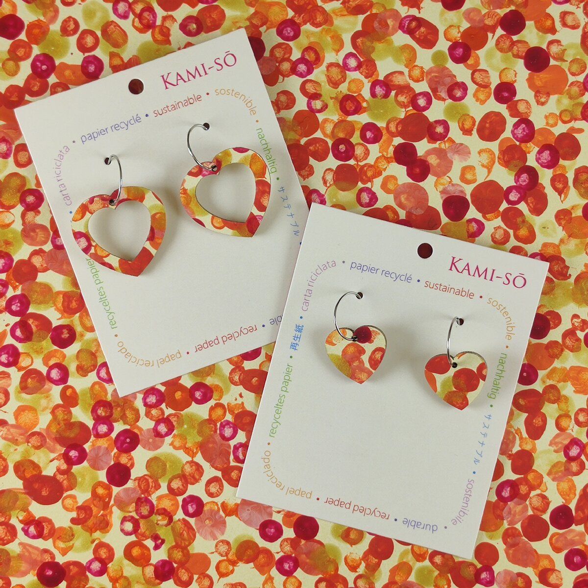 Mini Recycled Paper Earrings - Yellow, Orange, Red & Gold Dots