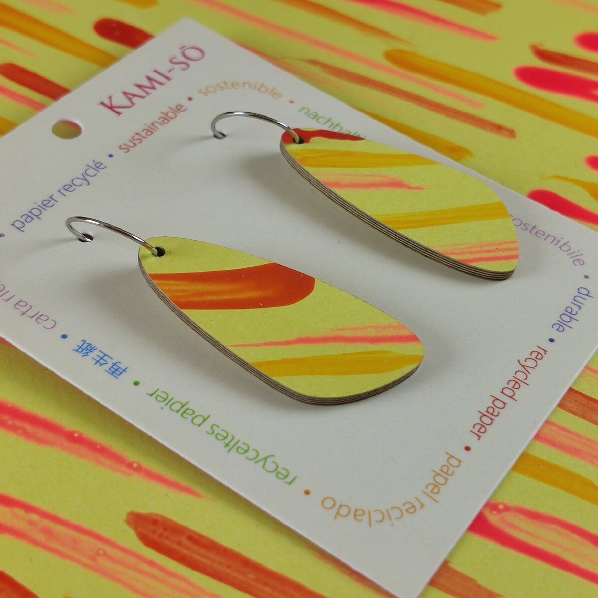Oval Recycled Paper Earrings - Yellow & Orange
