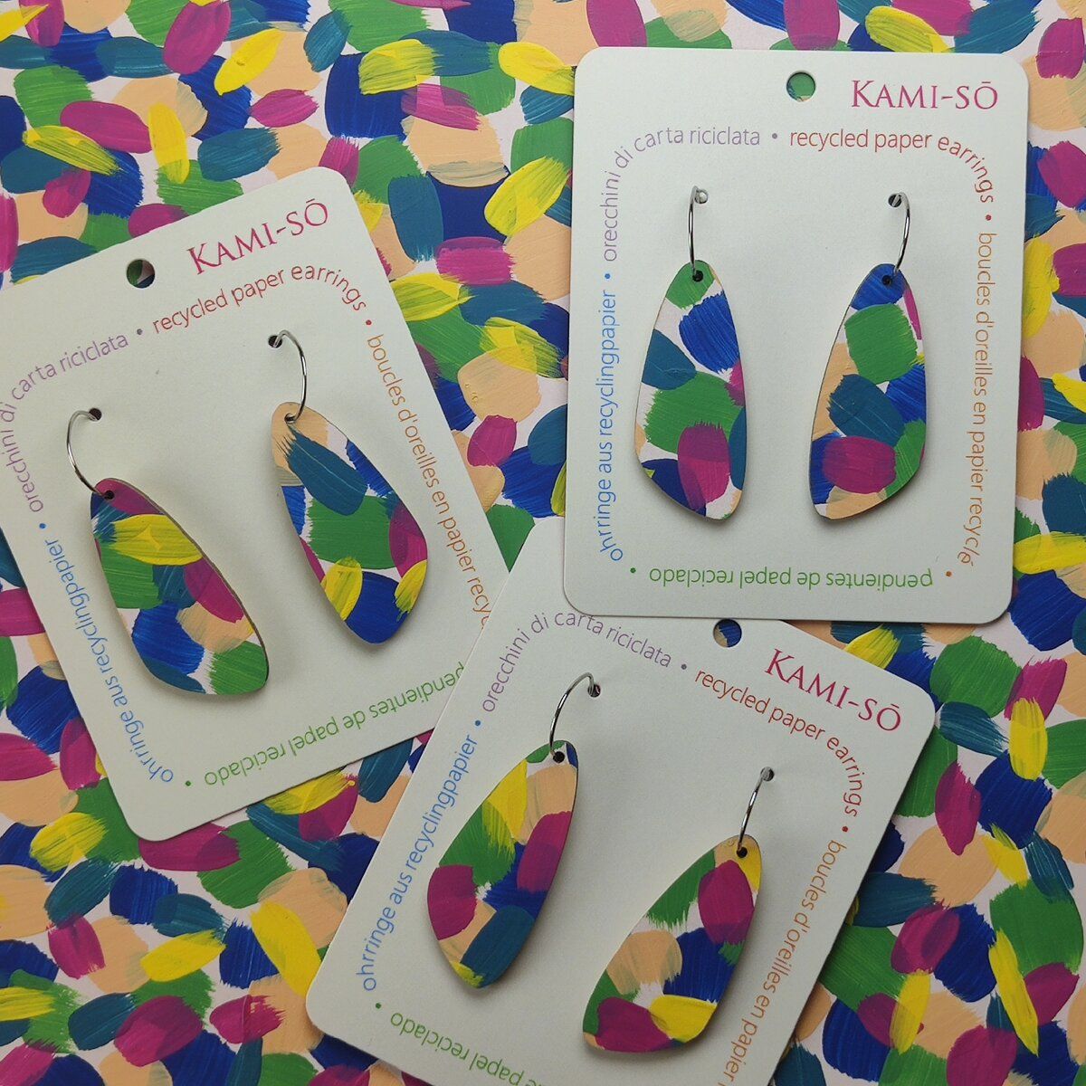 Oval Recycled Paper Earrings - Blue, Green, Magenta & Yellow
