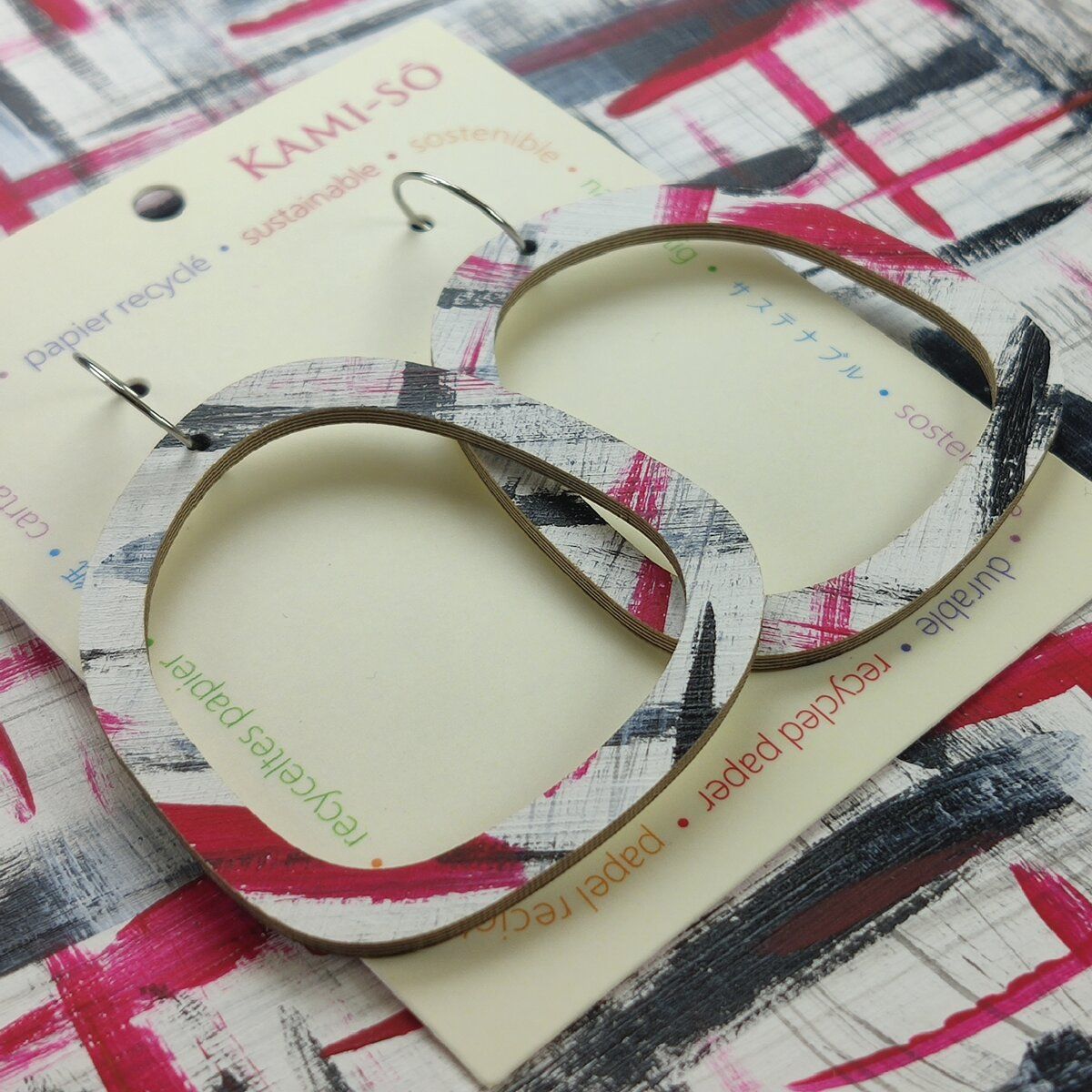 Square Recycled Paper Earrings - Black, Red & White