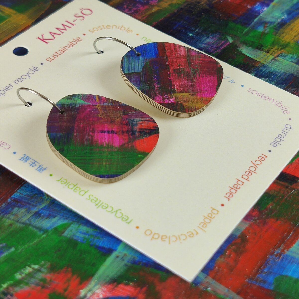 Square Recycled Paper Earrings - Dark Multicolour Brushstrokes