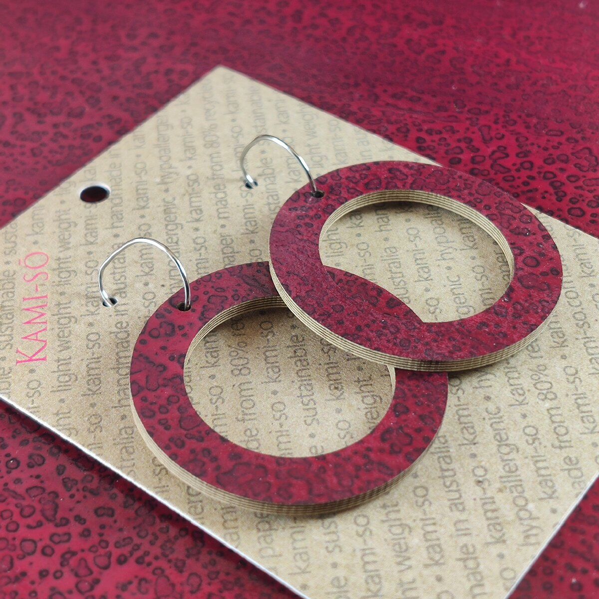 Reversible Circle Recycled Paper Earrings - Wine Crackle / Multicolour Stripes