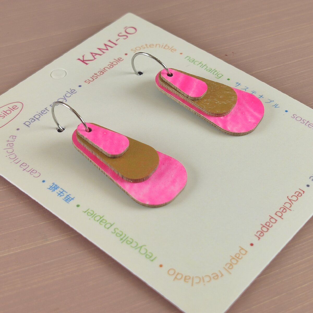 Reverse-A-Tile Expanding Triangle Recycled Paper Earrings - Pink & Gold / Chocolate, Yellow & Grey