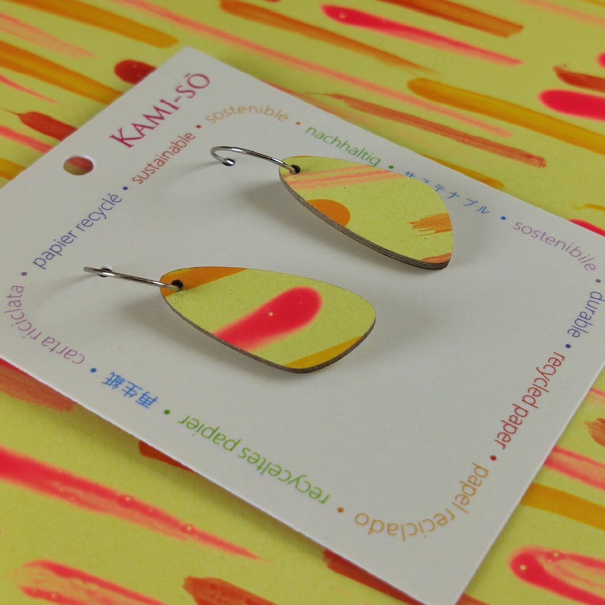 Oval Recycled Paper Earrings - Yellow & Orange