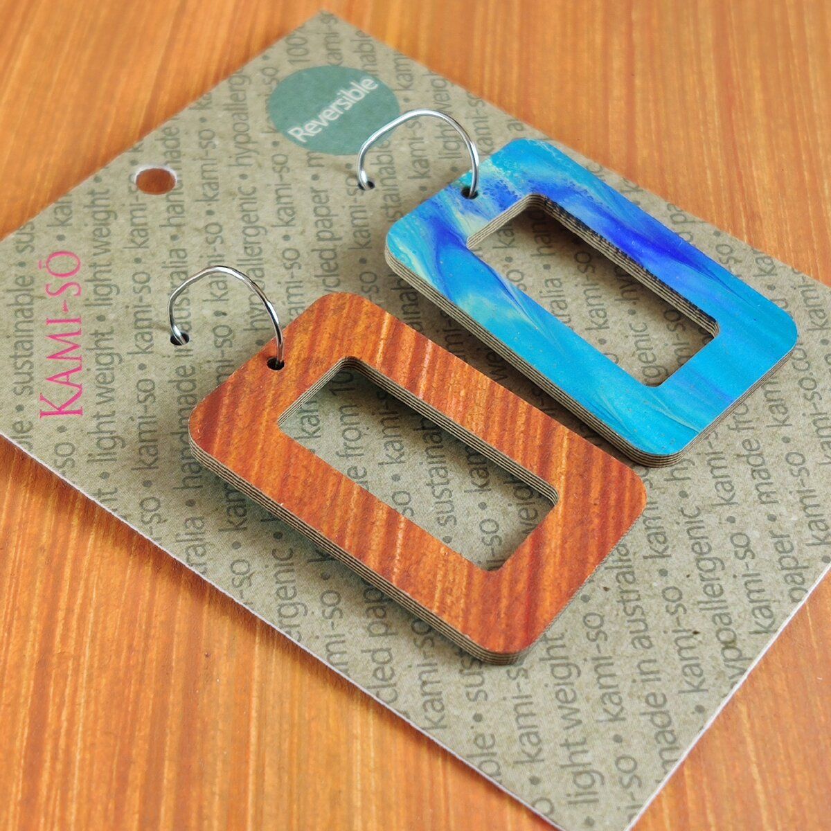 Reversible Rectangle Recycled Paper Earrings - Ocean Blue / Burnt Orange