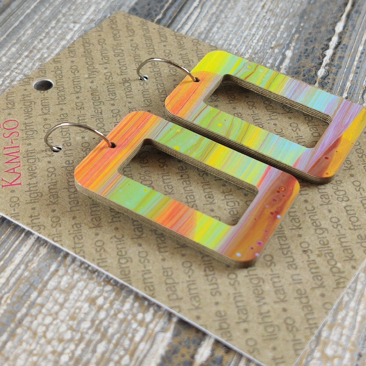 Reversible Rectangle Recycled Paper Earrings - Multicolour Stripe / Grey & Gold