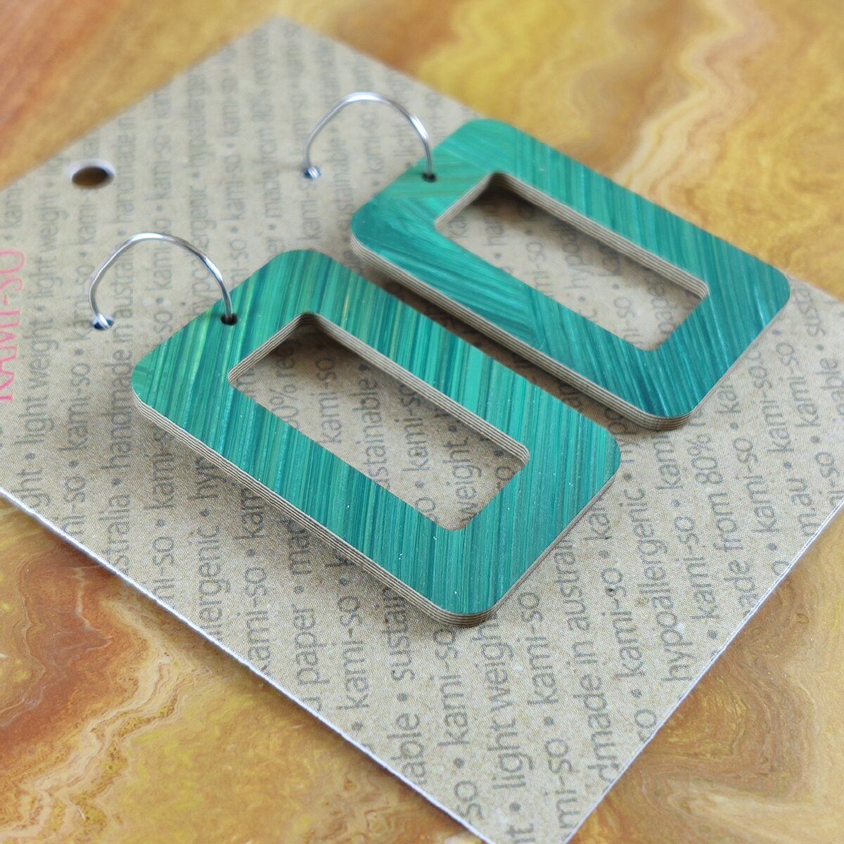 Reversible Rectangle Recycled Paper Earrings - Green Swipe / Gold