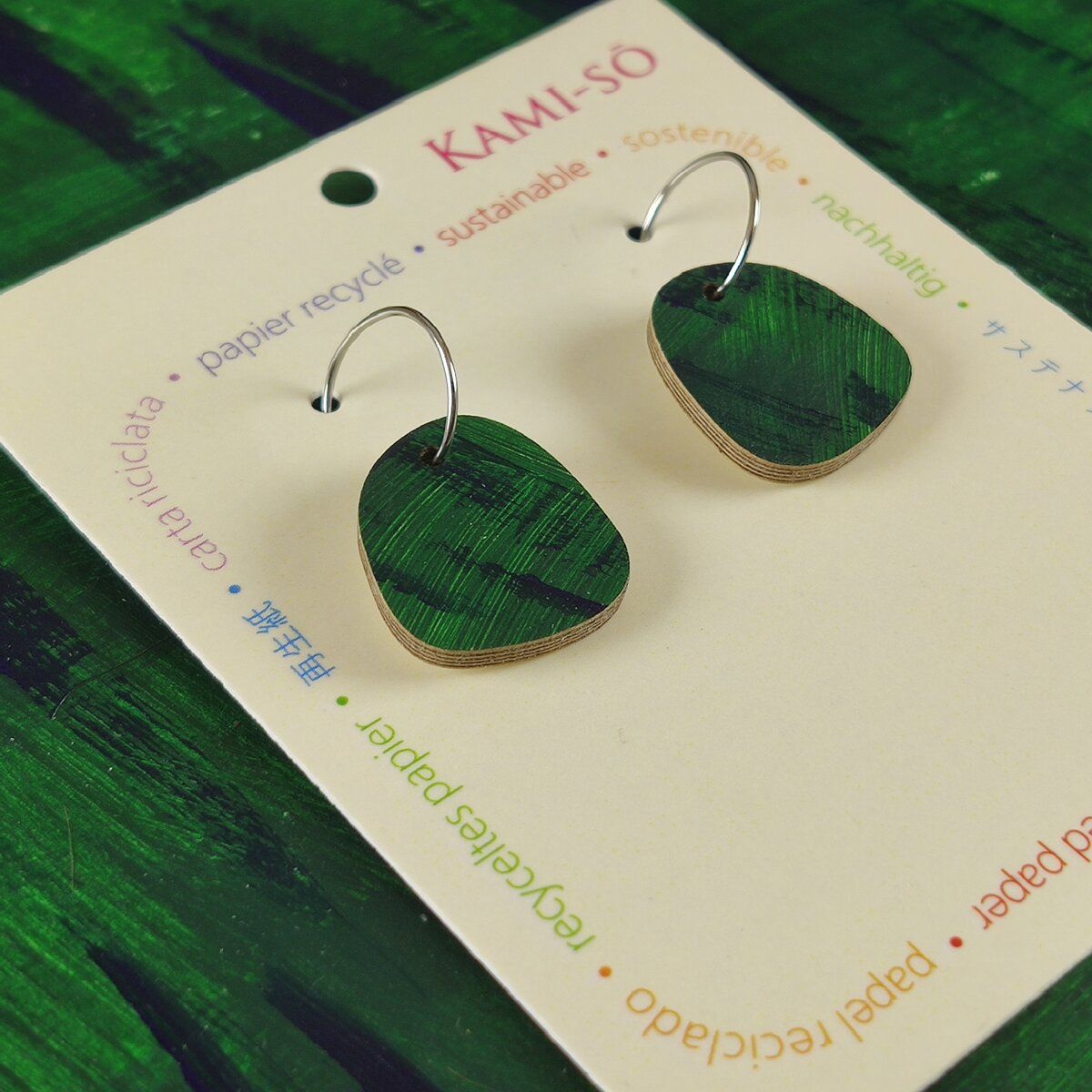 Mini Recycled Paper Earrings - Dark Green and Blue Brushstrokes