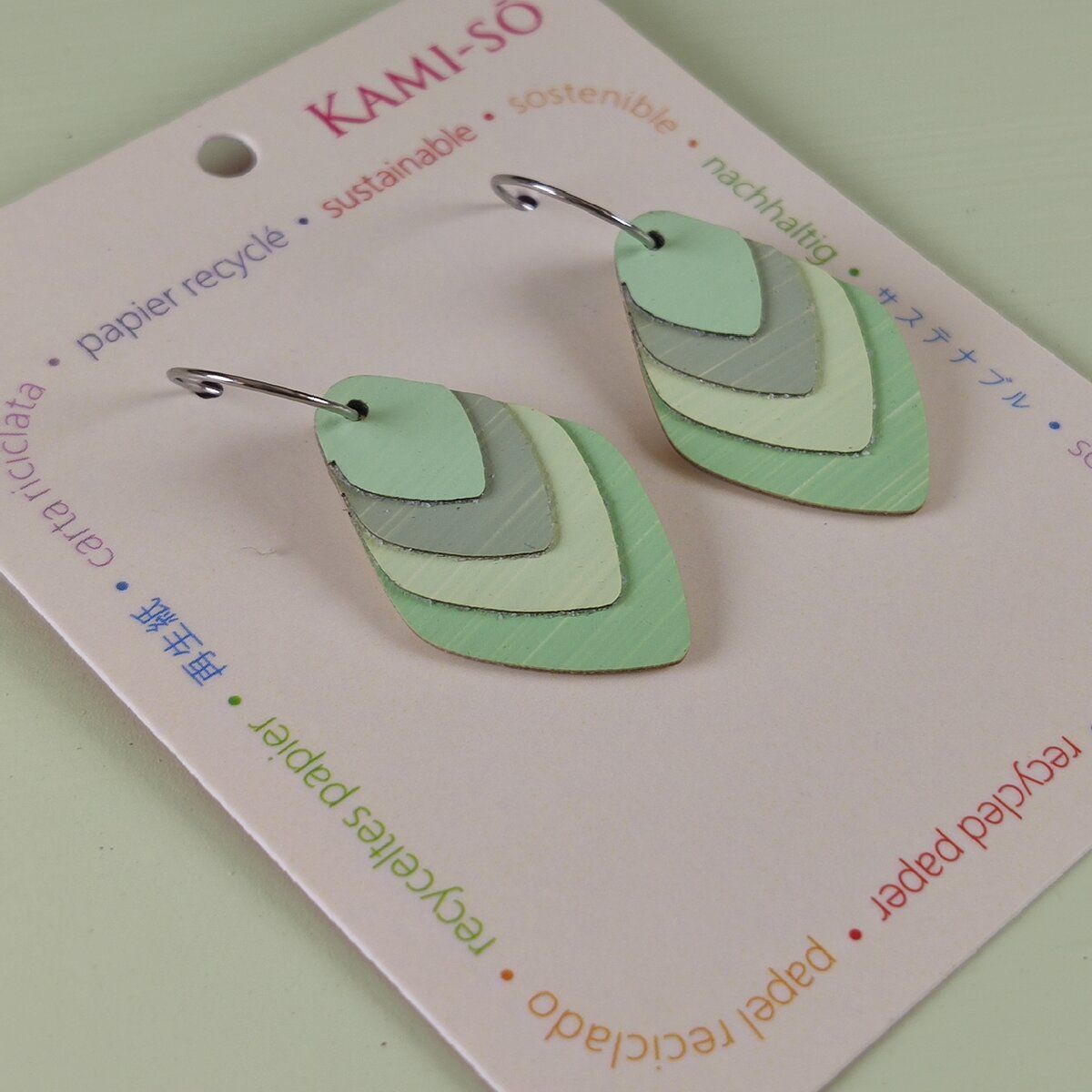 Diamond Layered Recycled Paper Earrings - Pale Green