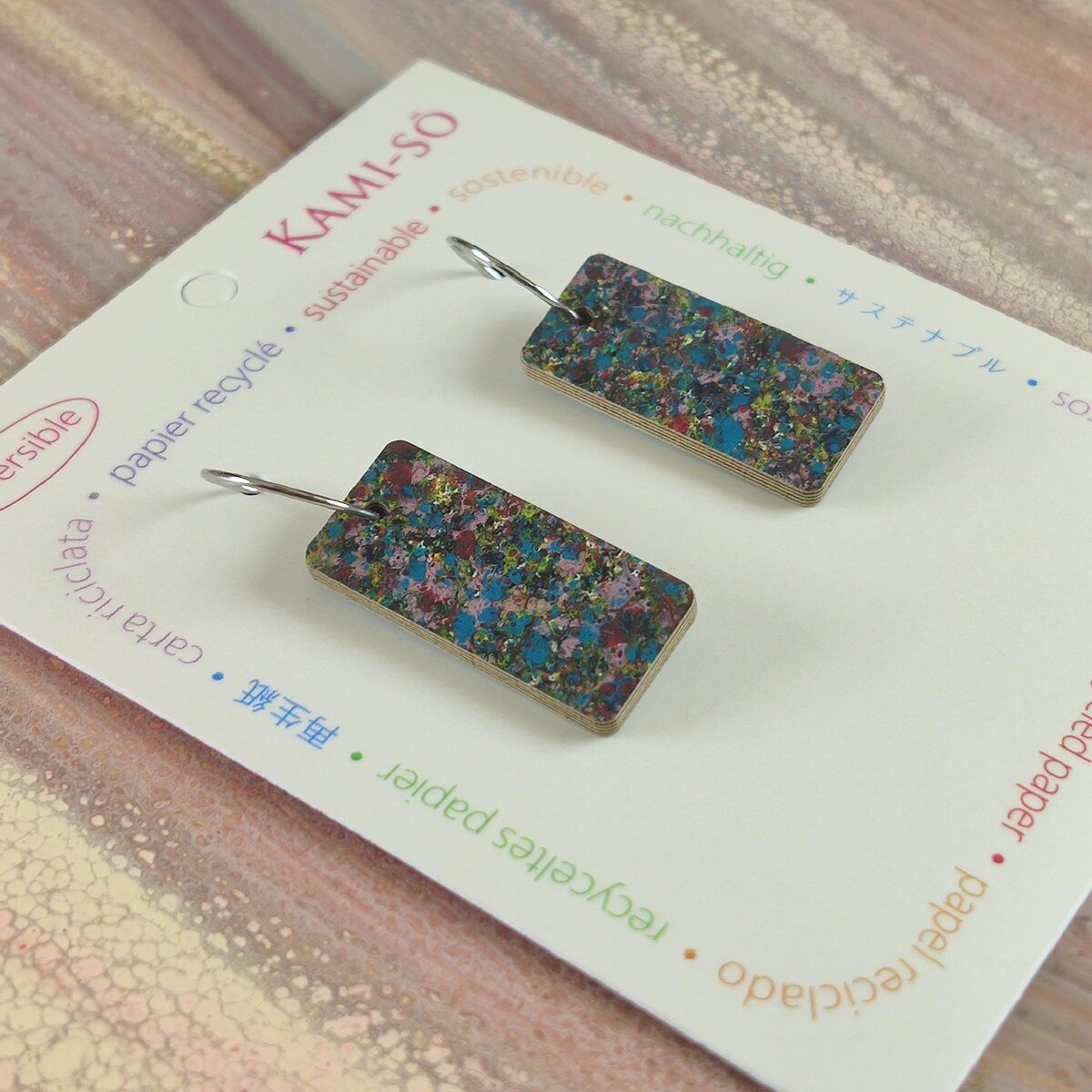 Reversible Rectangle Recycled Paper Earrings - Dark Speckle / Lilac