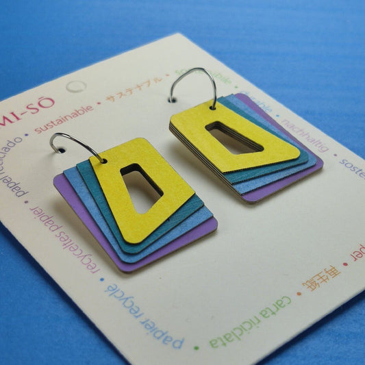 Rectangle Layered Recycled Paper Earrings - Yellow, Blue & Purple